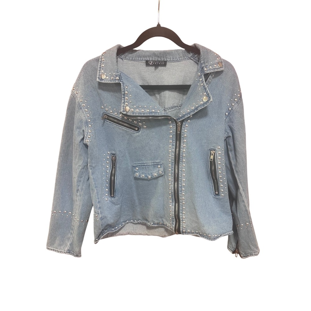 Collection by Cezele Womens Light Wash Studded Denim Moto Jacket Blue Large